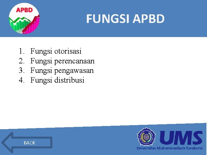 FUNGSI APBD 1. 2. 3. 4. Fungsi otorisasi Fungsi perencanaan Fungsi pengawasan Fungsi distribusi