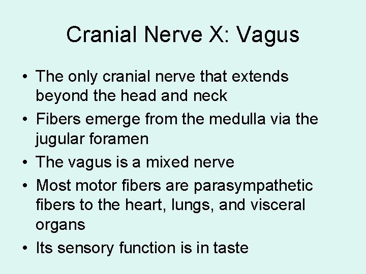 Cranial Nerve X: Vagus • The only cranial nerve that extends beyond the head