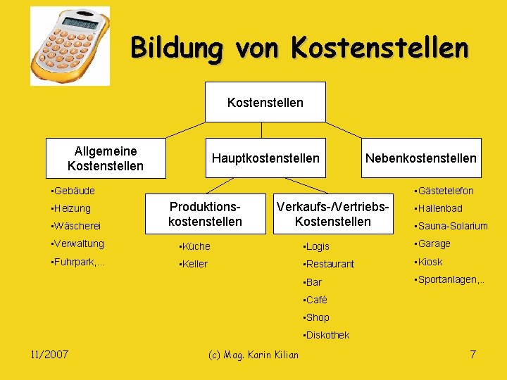 Bildung von Kostenstellen Allgemeine Kostenstellen Hauptkostenstellen Nebenkostenstellen • Gebäude • Heizung • Wäscherei •