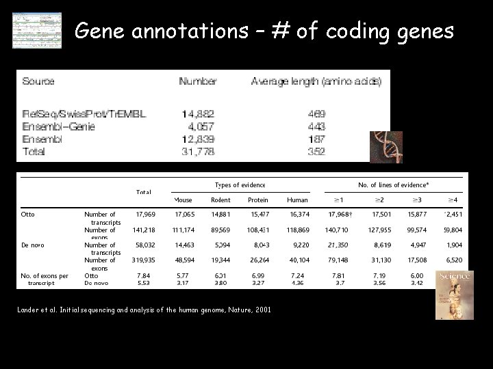 Gene annotations – # of coding genes Lander et al. Initial sequencing and analysis
