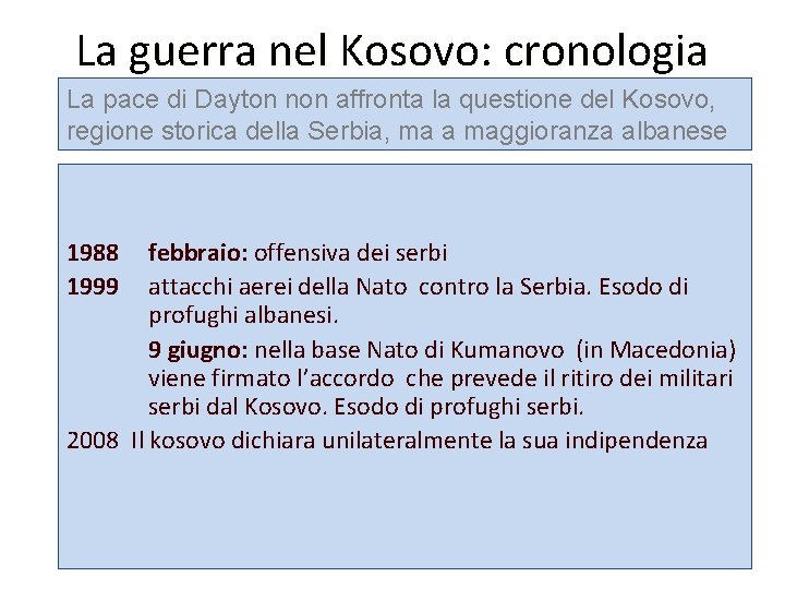 La guerra nel Kosovo: cronologia La pace di Dayton non affronta la questione del