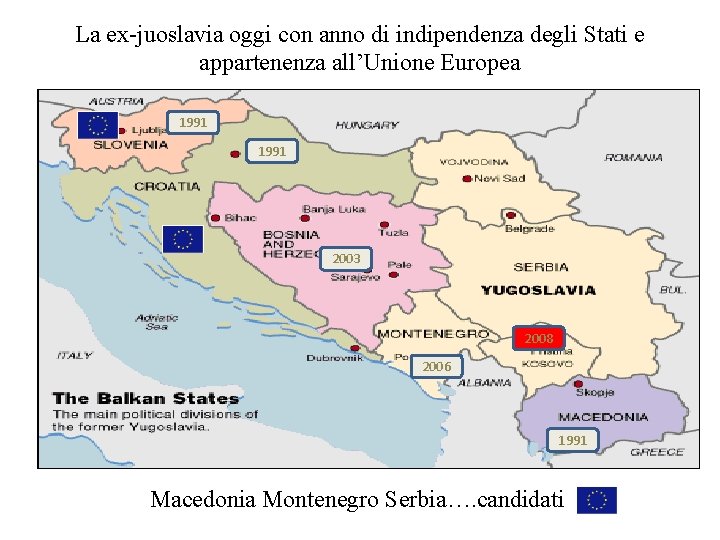 La ex-juoslavia oggi con anno di indipendenza degli Stati e appartenenza all’Unione Europea 1991