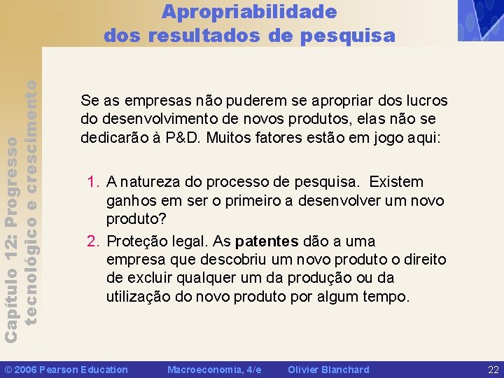 Capítulo 12: Progresso tecnológico e crescimento Apropriabilidade dos resultados de pesquisa Se as empresas