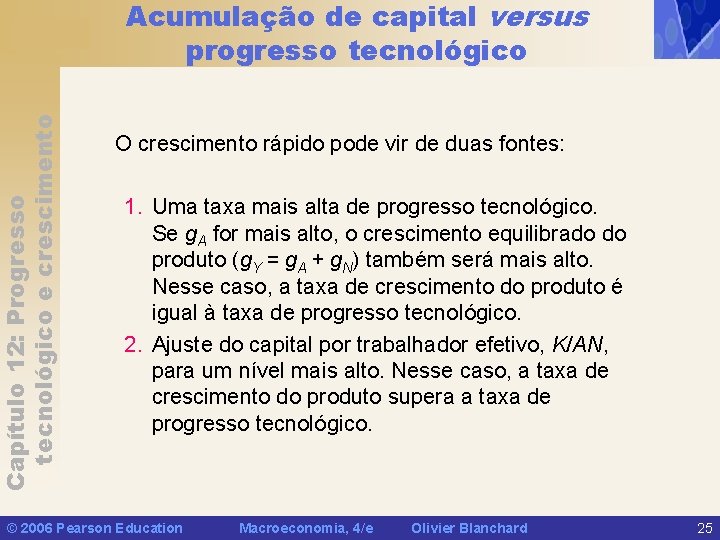 Capítulo 12: Progresso tecnológico e crescimento Acumulação de capital versus progresso tecnológico O crescimento