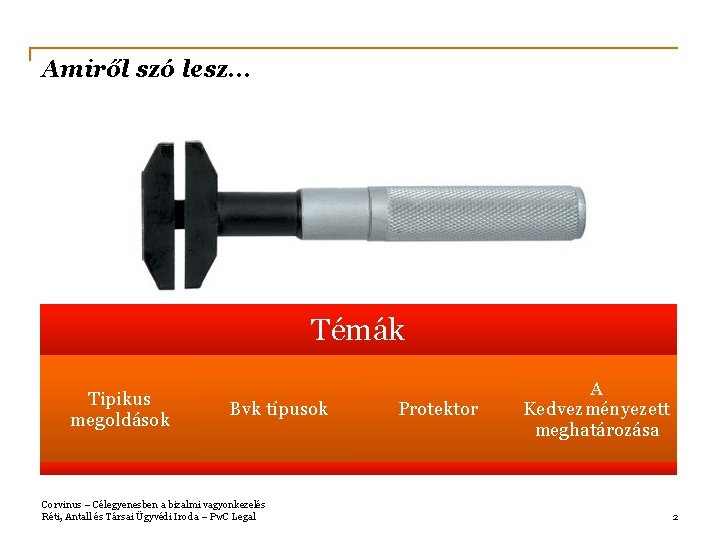 Amiről szó lesz… Témák Tipikus megoldások Bvk típusok Corvinus – Célegyenesben a bizalmi vagyonkezelés