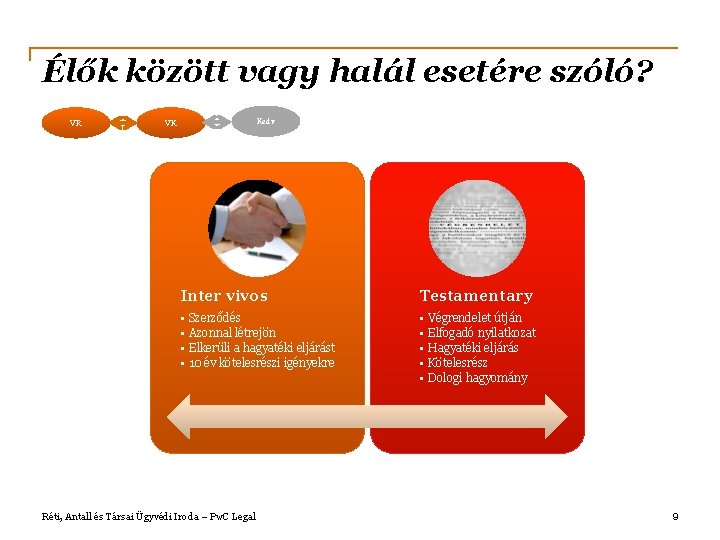 Élők között vagy halál esetére szóló? VR Kedv VK Inter vivos Testamentary • •