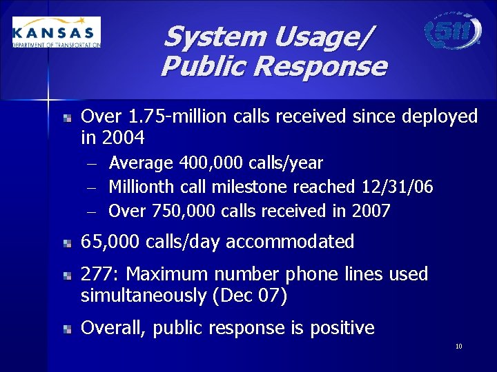 System Usage/ Public Response Over 1. 75 -million calls received since deployed in 2004
