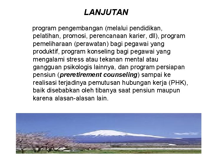 LANJUTAN program pengembangan (melalui pendidikan, pelatihan, promosi, perencanaan karier, dll), program pemeliharaan (perawatan) bagi