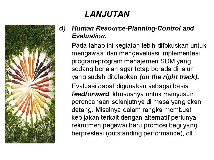 LANJUTAN d) Human Resource-Planning-Control and Evaluation. Pada tahap ini kegiatan lebih difokuskan untuk mengawasi