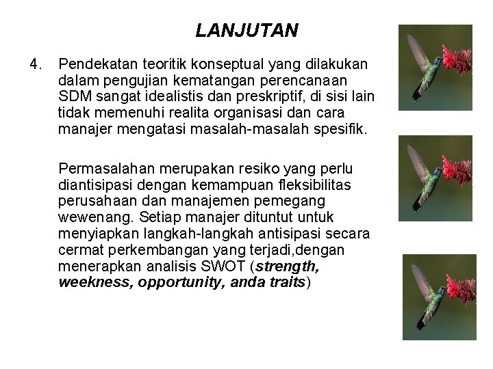 LANJUTAN 4. Pendekatan teoritik konseptual yang dilakukan dalam pengujian kematangan perencanaan SDM sangat idealistis