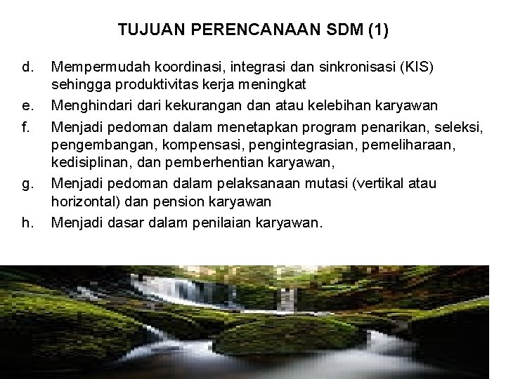 TUJUAN PERENCANAAN SDM (1) d. e. f. g. h. Mempermudah koordinasi, integrasi dan sinkronisasi