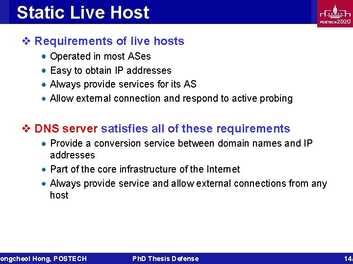 Static Live Host v Requirements of live hosts Operated in most ASes Easy to