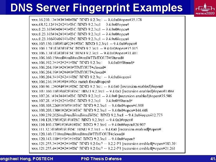 DNS Server Fingerprint Examples ongcheol Hong, POSTECH Ph. D Thesis Defense 41/ 