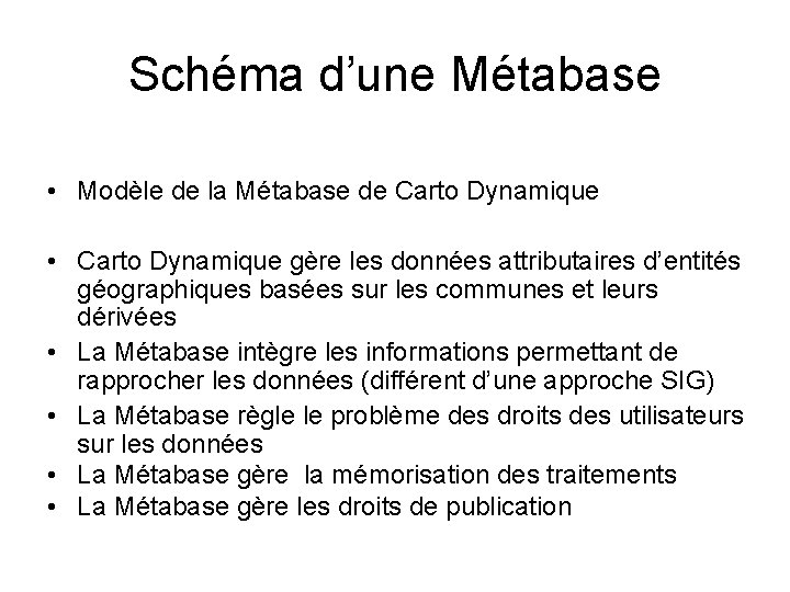 Schéma d’une Métabase • Modèle de la Métabase de Carto Dynamique • Carto Dynamique