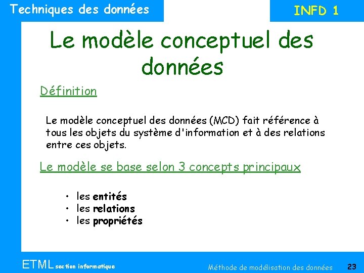 Techniques données INFD 1 Le modèle conceptuel des données Définition Le modèle conceptuel des