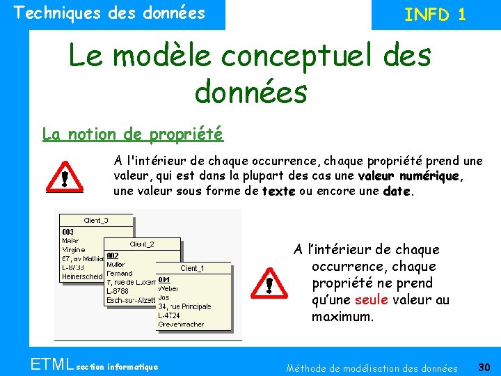 Techniques données INFD 1 Le modèle conceptuel des données La notion de propriété A