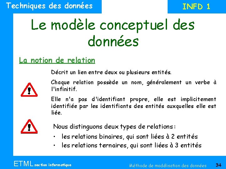 Techniques données INFD 1 Le modèle conceptuel des données La notion de relation Décrit