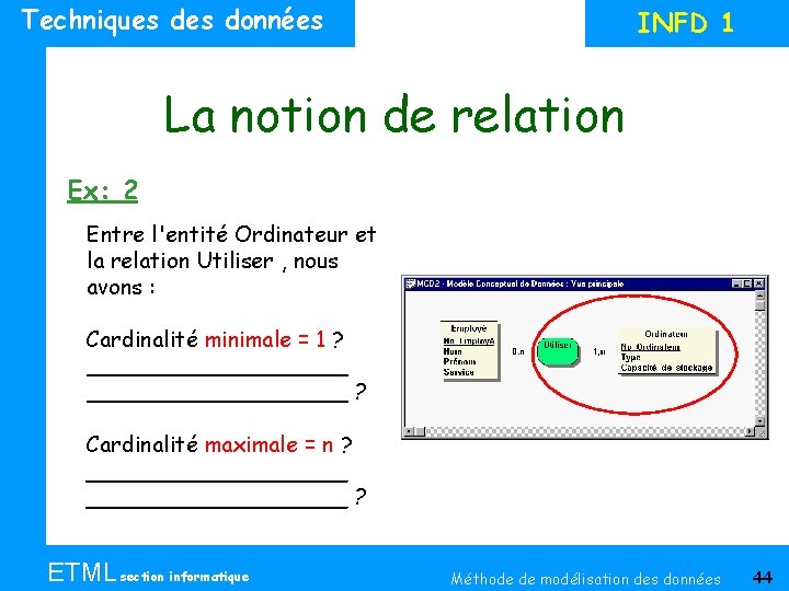 Techniques données INFD 1 La notion de relation Ex: 2 Entre l'entité Ordinateur et