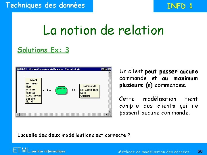 Techniques données INFD 1 La notion de relation Solutions Ex: 3 Un client peut