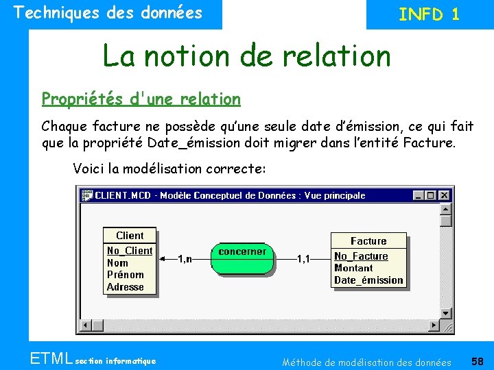 Techniques données INFD 1 La notion de relation Propriétés d'une relation Chaque facture ne