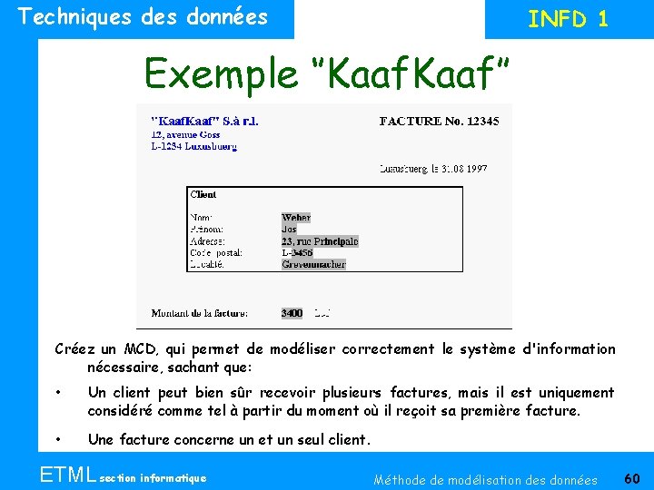 Techniques données INFD 1 Exemple ‘’Kaaf’’ Créez un MCD, qui permet de modéliser correctement