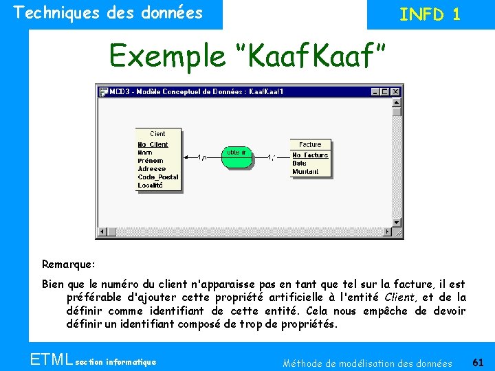 Techniques données INFD 1 Exemple ‘’Kaaf’’ Remarque: Bien que le numéro du client n'apparaisse