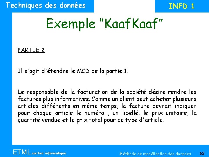 Techniques données INFD 1 Exemple ‘’Kaaf’’ PARTIE 2 Il s'agit d'étendre le MCD de