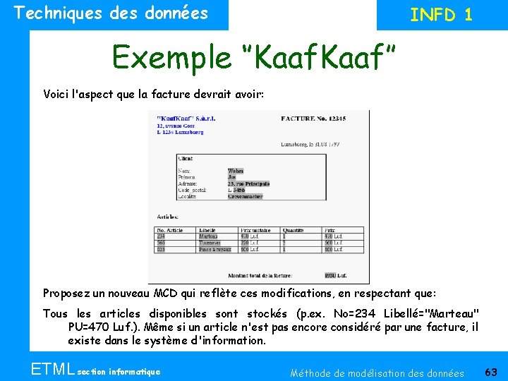 Techniques données INFD 1 Exemple ‘’Kaaf’’ Voici l'aspect que la facture devrait avoir: Proposez