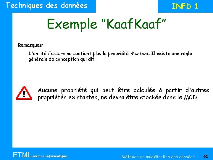 Techniques données INFD 1 Exemple ‘’Kaaf’’ Remarques: L'entité Facture ne contient plus la propriété
