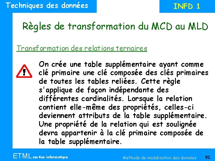 Techniques données INFD 1 Règles de transformation du MCD au MLD Transformation des relations