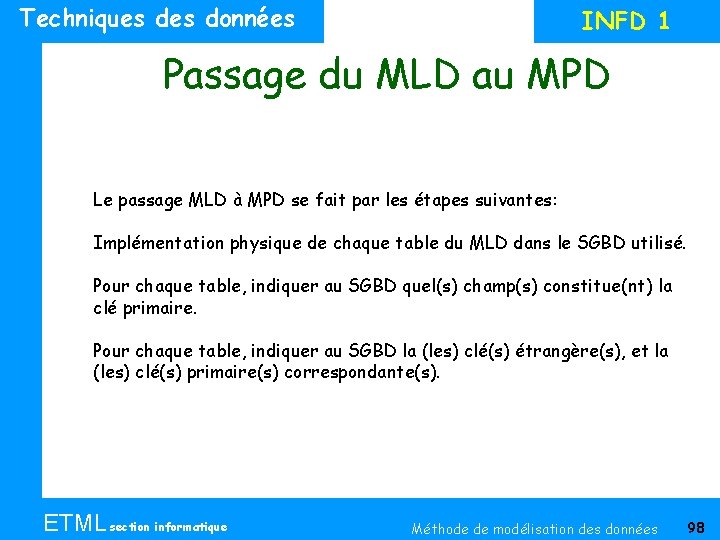 Techniques données INFD 1 Passage du MLD au MPD Le passage MLD à MPD