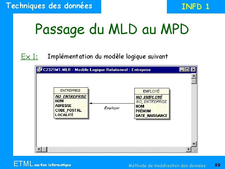 Techniques données INFD 1 Passage du MLD au MPD Ex 1: Implémentation du modèle