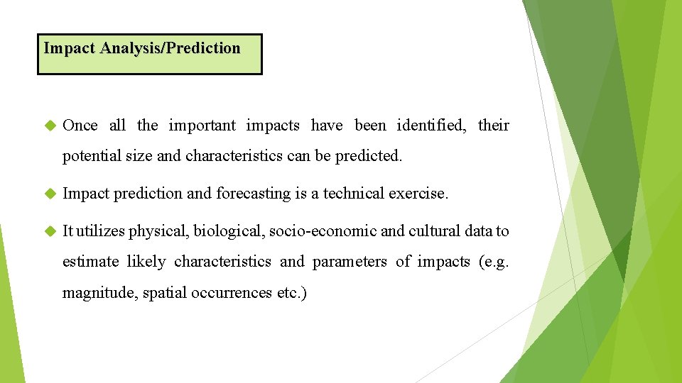 Impact Analysis/Prediction Once all the important impacts have been identified, their potential size and