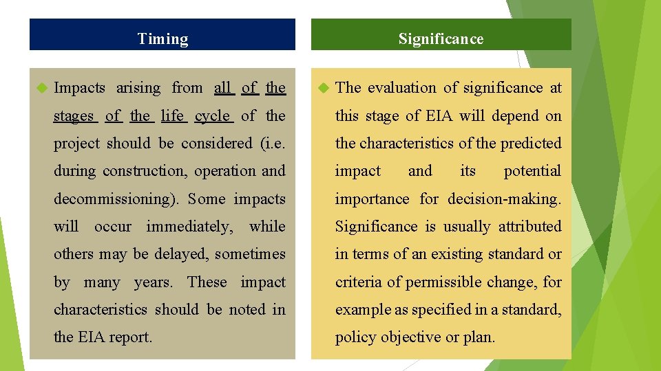 Timing Impacts arising from all of the Significance The evaluation of significance at stages
