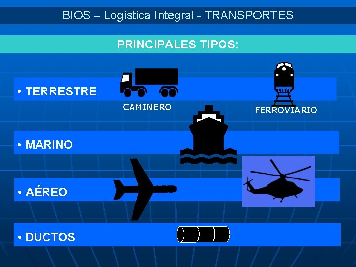 BIOS – Logística Integral - TRANSPORTES PRINCIPALES TIPOS: • TERRESTRE CAMINERO • MARINO •