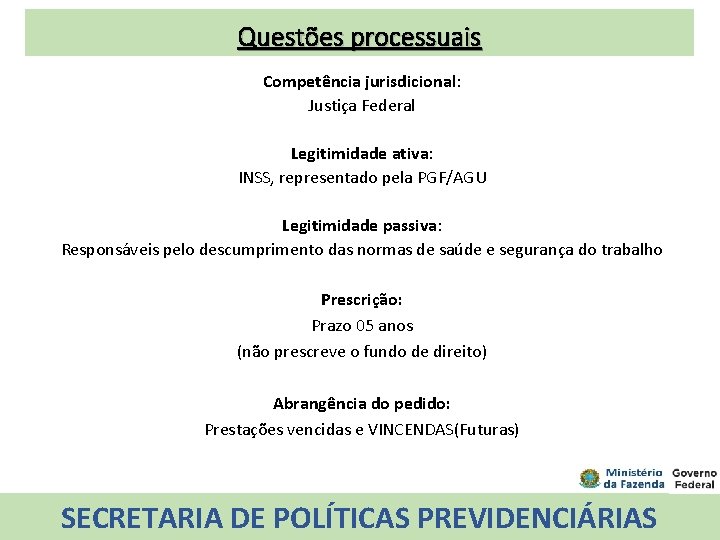 Questões processuais Competência jurisdicional: Justiça Federal Legitimidade ativa: INSS, representado pela PGF/AGU Legitimidade passiva: