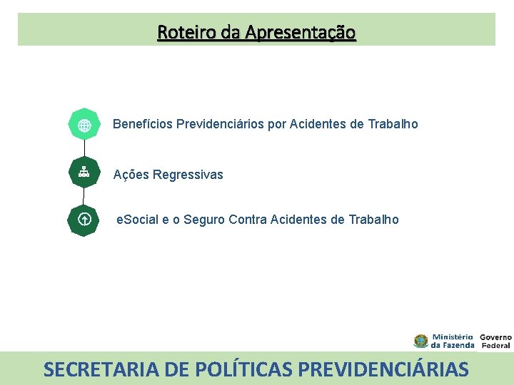 Roteiro da Apresentação Benefícios Previdenciários por Acidentes de Trabalho Ações Regressivas e. Social e