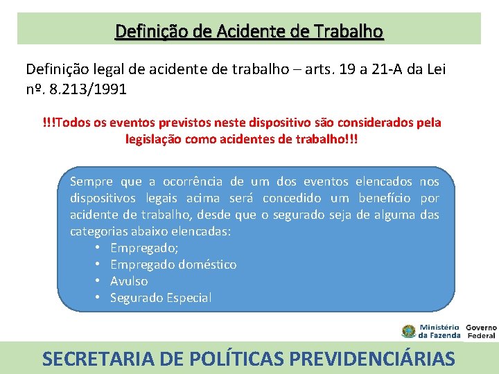 Definição de Acidente de Trabalho Definição legal de acidente de trabalho – arts. 19