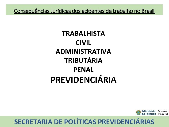 Consequências Jurídicas dos acidentes de trabalho no Brasil TRABALHISTA CIVIL ADMINISTRATIVA TRIBUTÁRIA PENAL PREVIDENCIÁRIA
