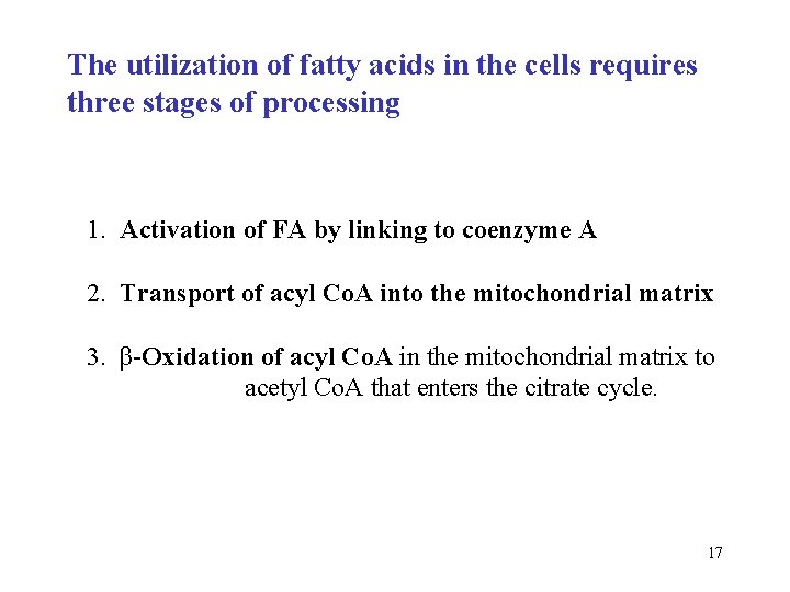 The utilization of fatty acids in the cells requires three stages of processing 1.