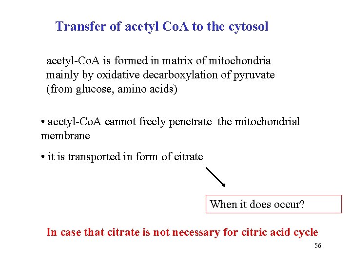 Transfer of acetyl Co. A to the cytosol acetyl-Co. A is formed in matrix