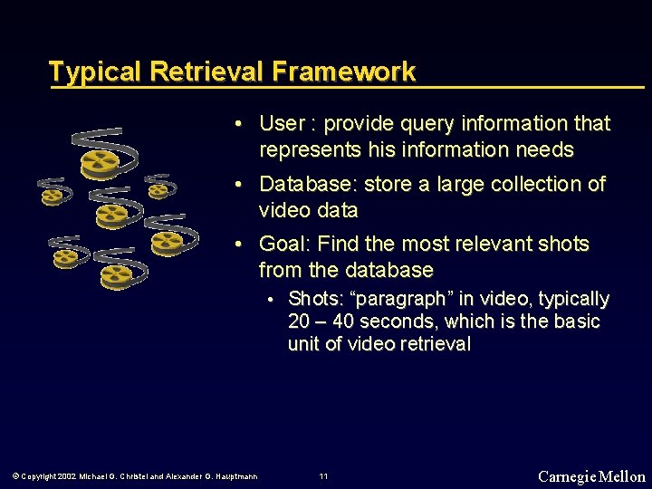 Typical Retrieval Framework • User : provide query information that represents his information needs