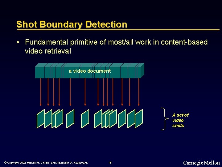 Shot Boundary Detection • Fundamental primitive of most/all work in content-based video retrieval a