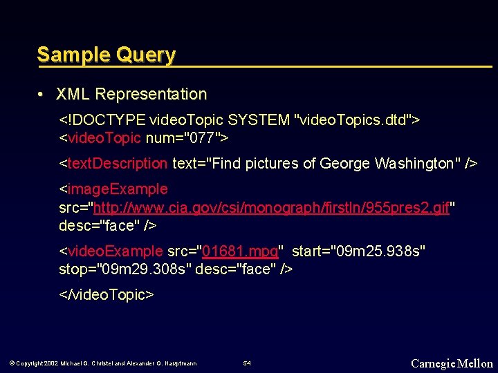 Sample Query • XML Representation <!DOCTYPE video. Topic SYSTEM "video. Topics. dtd"> <video. Topic