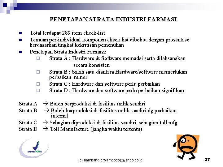 PENETAPAN STRATA INDUSTRI FARMASI n n n Total terdapat 289 item check-list Temuan per-individual