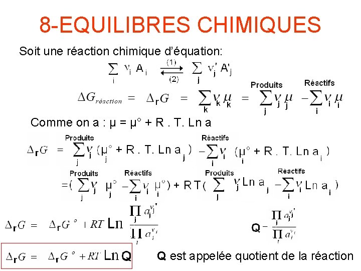 8 -EQUILIBRES CHIMIQUES Soit une réaction chimique d’équation: Comme on a : μ =