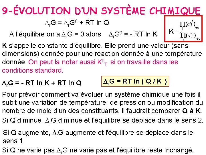 9 -ÉVOLUTION D’UN SYSTÈME CHIMIQUE Dr. G = Dr. G 0 + RT ln