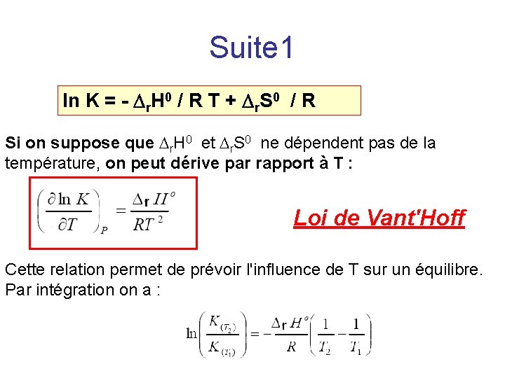 Suite 1 ln K = - Dr. H 0 / R T + Dr. Suite 1 ln K = - Dr. H 0 / R T + Dr.