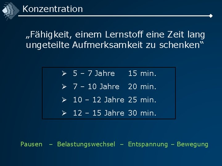 Konzentration „Fähigkeit, einem Lernstoff eine Zeit lang ungeteilte Aufmerksamkeit zu schenken“ Ø 5 –