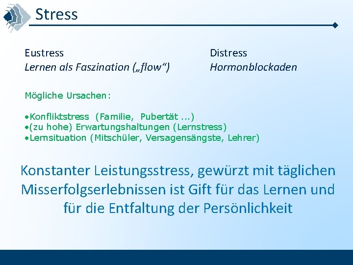 Stress Eustress Lernen als Faszination („flow“) Distress Hormonblockaden Mögliche Ursachen: • Konfliktstress (Familie, Pubertät.